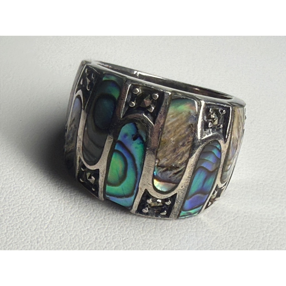 925 Sterling Silver Abalone Shell Marcasite Mosaic Wide Band Ring Size 7 Vintage